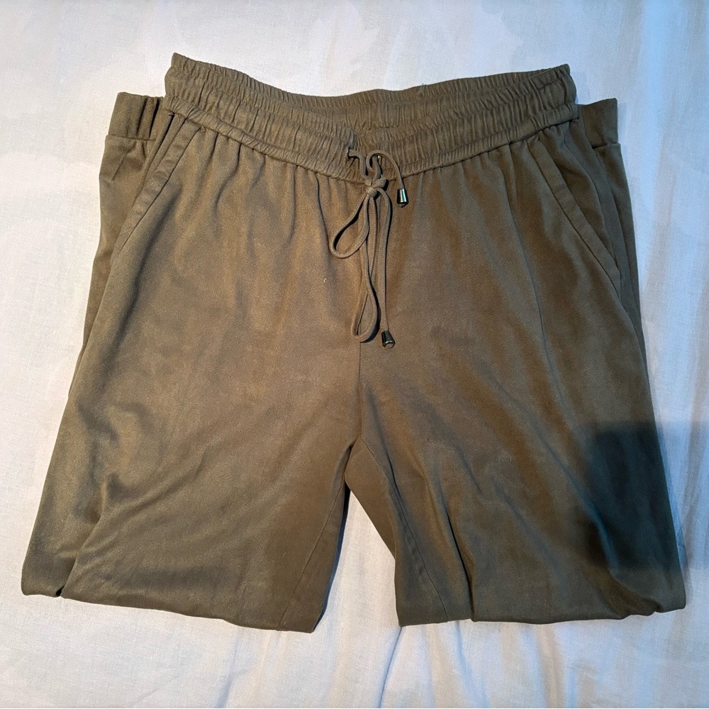 Women's Olive Green Suede-like Culotte Pants with Drawstring Waist